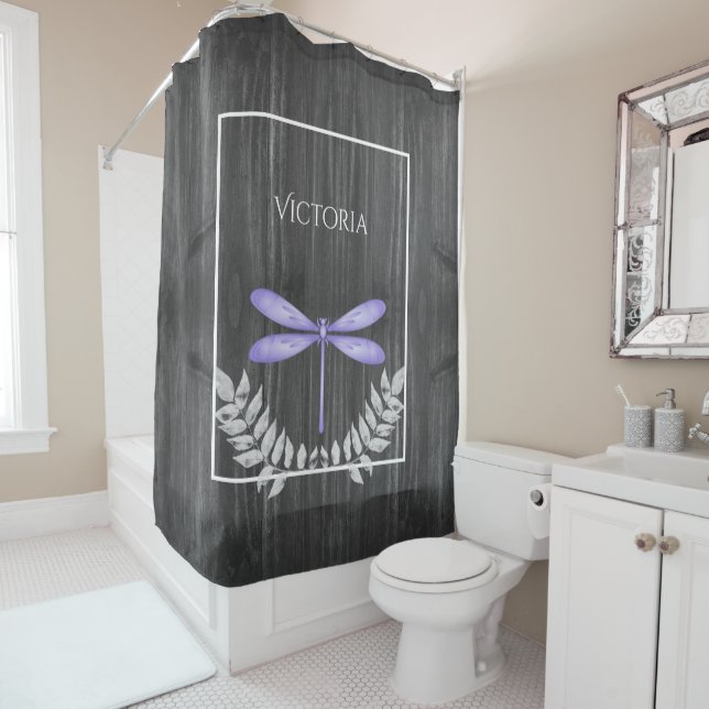 Rideaux De Douche Purple Dragonfly Rustic Personnalisé (En situation)