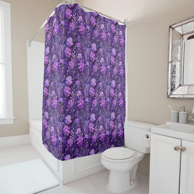 Rideaux De Douche Purple Pink and Yellow Daisy Floral Pattern (En situation)