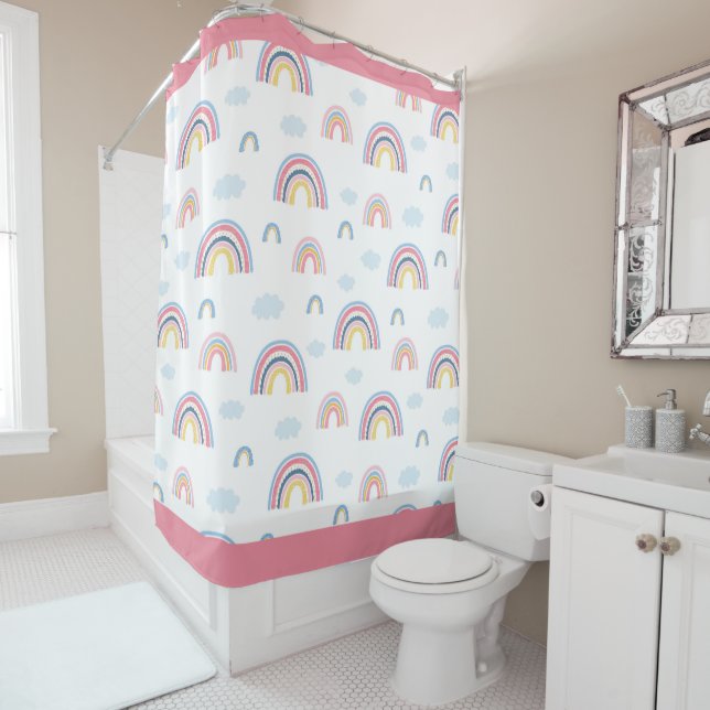 Rideaux De Douche Rainbows Boho Rose Bleu Jaune Fun Girl (En situation)