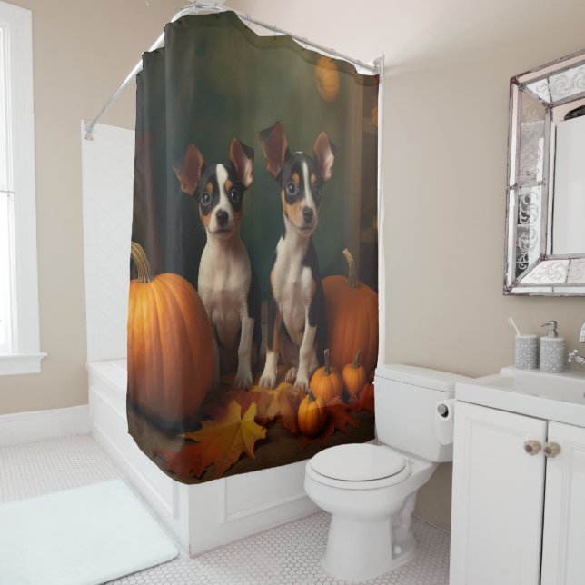 Rideaux De Douche Rat Terrier Chiot Automne Citrouille délice (En situation)