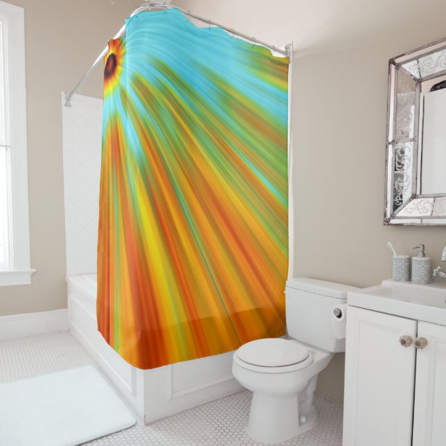 Rideaux De Douche rayures Abstraites rouge jaune orange vert sur ble (En situation)