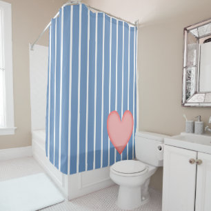 Rideaux De Douche Rayures Bleu Clair avec Cœur Rose