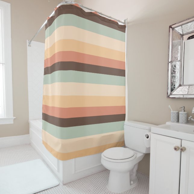 Rideaux De Douche rayures Brown, vertes, jaunes et orange (En situation)