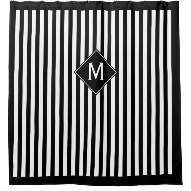 Rideaux De Douche Rayures verticales et monogramme noirs et blancs (Devant)