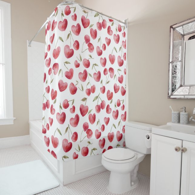 Rideaux De Douche Red Cherry Hearts (En situation)