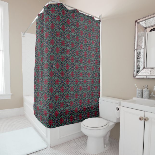 Rideaux De Douche Red Floral With Green and Blue (En situation)