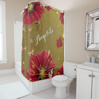 Rideaux De Douche Red Poppies Gold Parties scintillant Nom personnal