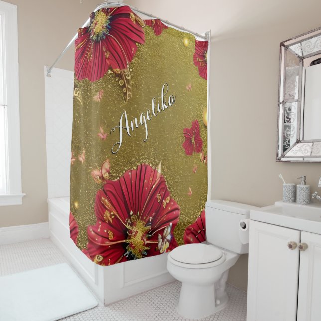 Rideaux De Douche Red Poppies Gold Parties scintillant Nom personnal (En situation)