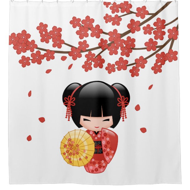 Rideaux De Douche Red Sakura Kokeshi Doll Cute Geisha Girl (Devant)