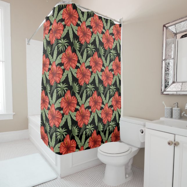 Rideaux De Douche Red tropical flowers seamless pattern green leaves (En situation)