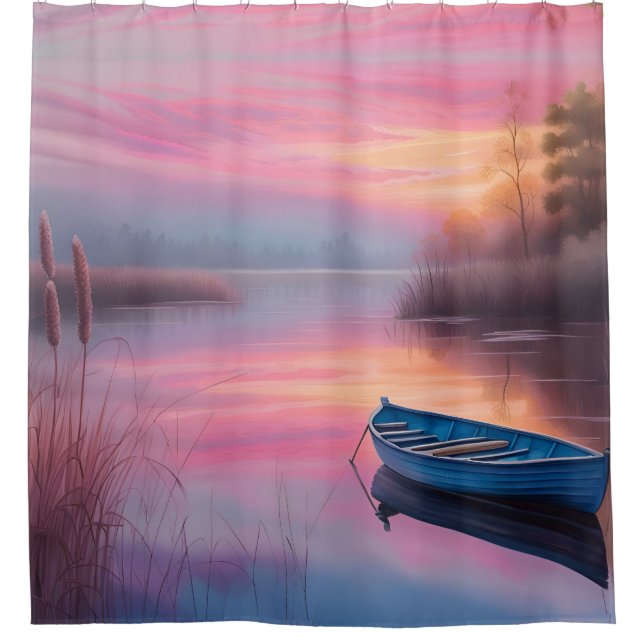 Rideaux De Douche Réflexion du ciel rose de bateau bleu rustique (Devant)
