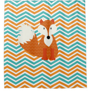 Rideaux De Douche Renard rouge orange sur Turquoise, Orange, Chevron