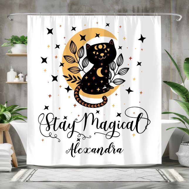 Rideaux De Douche Restez magique chat noir avec demi lune avec étoil (Créateur téléchargé)