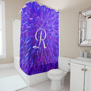 Rideaux De Douche Résumé Floral Abstrait Violet avec Monogramme Blan