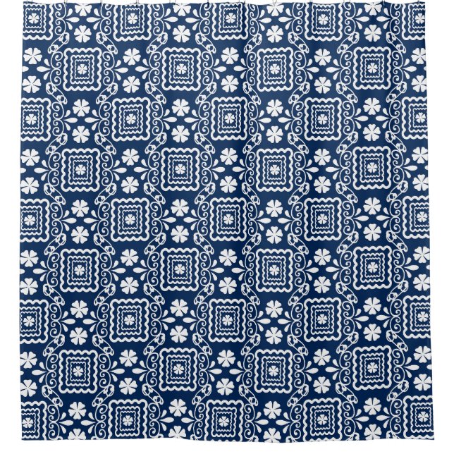 Rideaux De Douche rétro 60 blanc bleu motif floral (Devant)