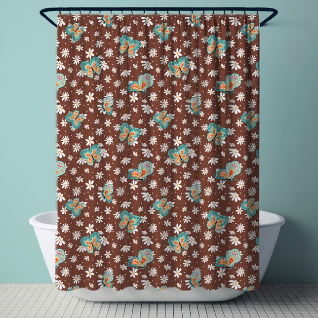 Rideaux De Douche RETRO 70s Mod Daisy Floral Hippy Butterfly Brown (Créateur téléchargé)