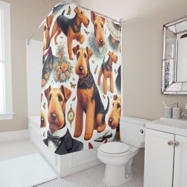 Rideaux De Douche Retro Airedale Terrier sans fil (En situation)