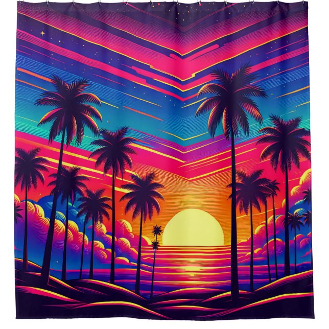 Rideaux De Douche "Retro années 80 : coucher de soleil à la plage" (Devant)