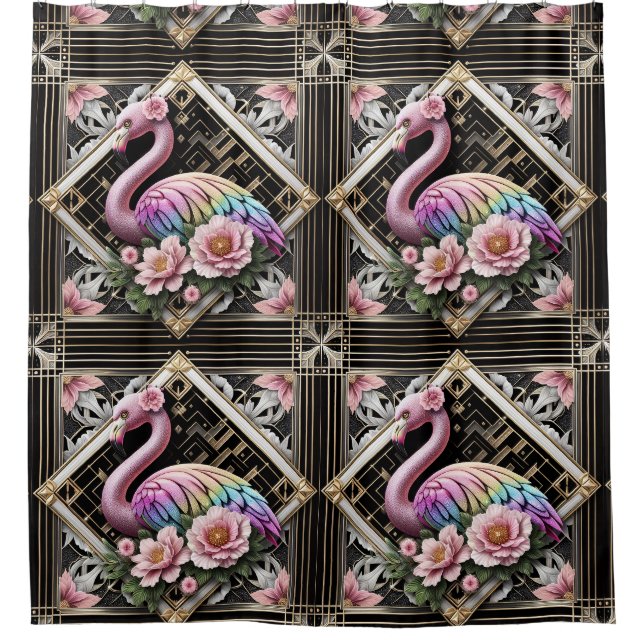 Rideaux De Douche Retro Art Deco Pink Flamingos (Devant)