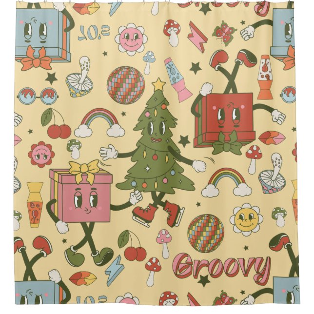 Rideaux De Douche retro groovy 1970s disco christmas tree (Devant)