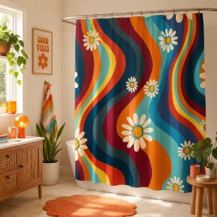 Rideaux De Douche Rétro Groovy Fleur de Daisy Arc-en-ciel des années