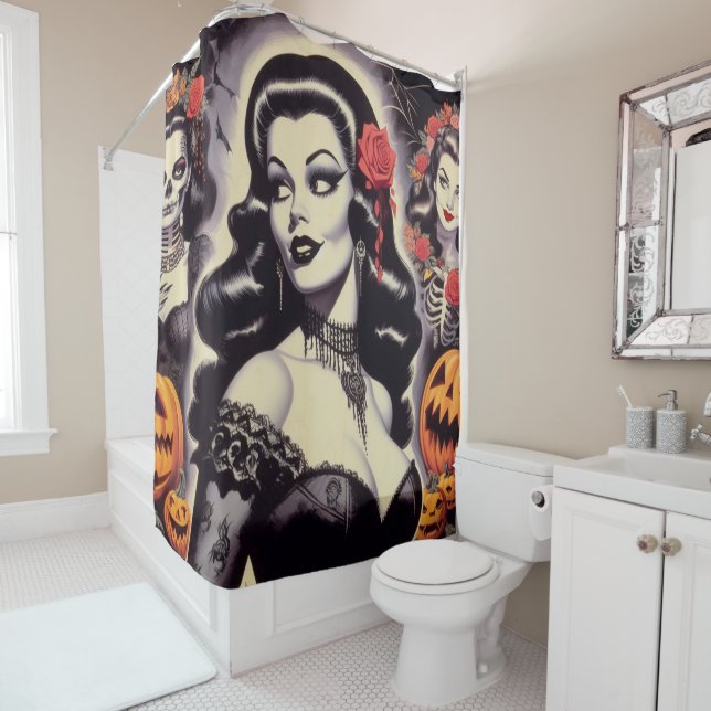 Rideaux De Douche Retro Halloween Goth Pin-up (En situation)