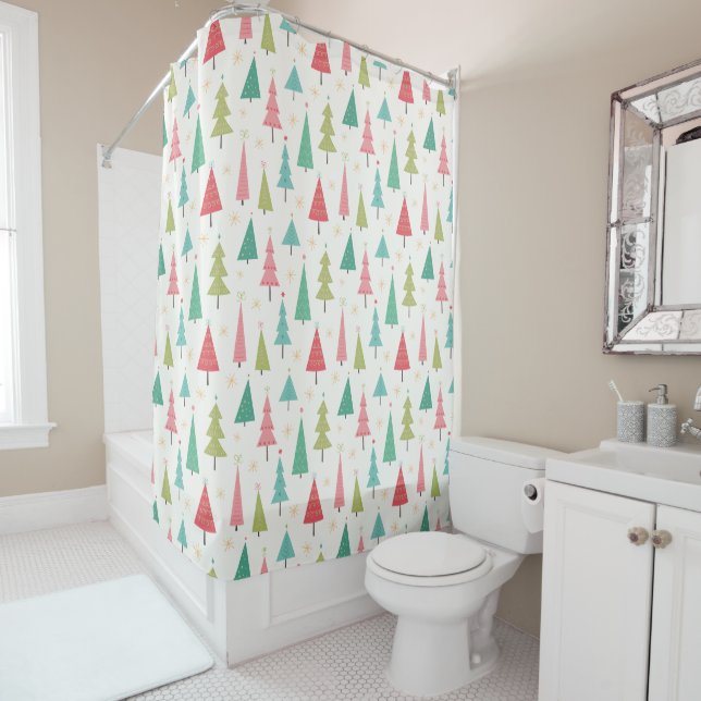 Rideaux De Douche Retro Joyeux arbres de Noël Fun Motif de vacances (En situation)