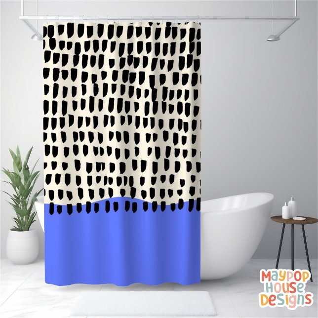 Rideaux De Douche Retro Mid-Century moderne Bleu Noir Abstrait (mid century modern shower curtain bathroom decor)