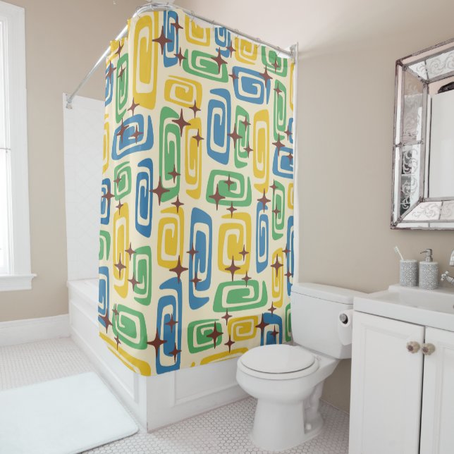 Rideaux De Douche Retro Mid-Century moderne Cosmique Abstrait Motif (En situation)