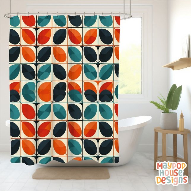 Rideaux De Douche Retro Mid-Century Moderne Turquoise Orange Abstrai (mid century modern shower curtain bathroom decor)