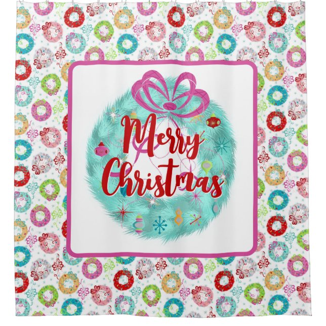 Rideaux De Douche Rétro Noël Turquoise Wreath (Devant)