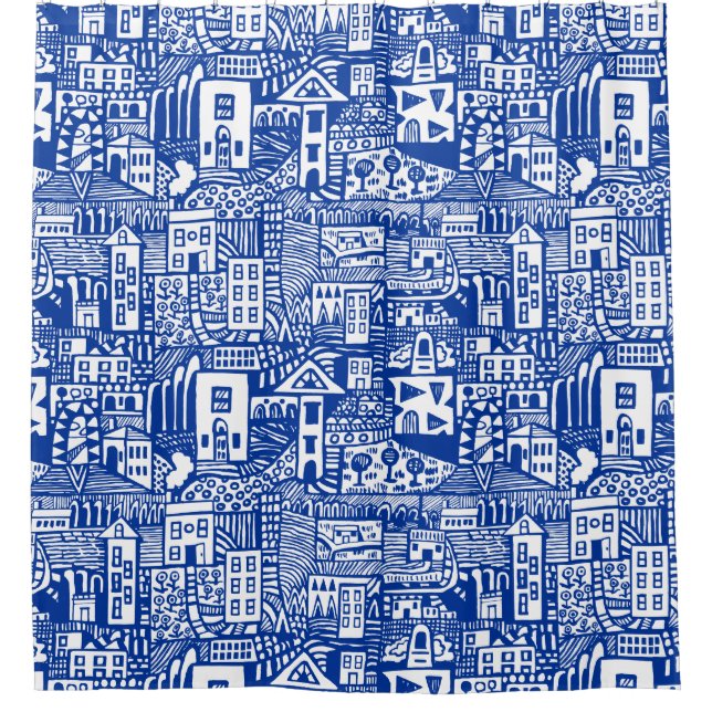 Rideaux De Douche Rêve urbain - bleu marine sur blanc (Devant)