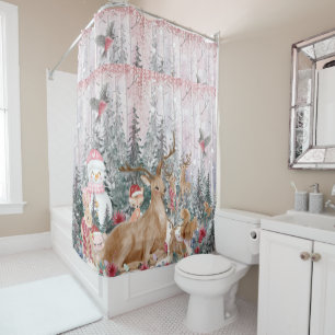 Rideaux De Douche Rinder d'aquarelle rose, Snowman Joyeux Noël