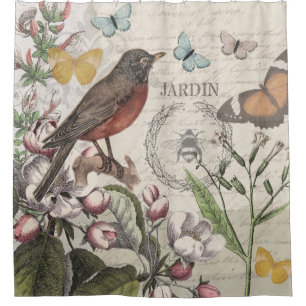 Rideaux De Douche Robin Elegant Bird Butterfly French Art