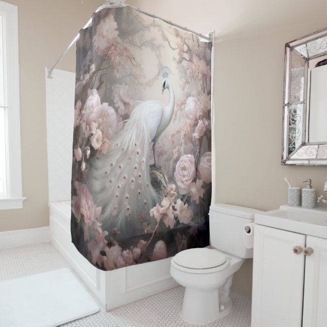 Rideaux De Douche Rocher blanc romantique et Fleurs rose pâle (En situation)
