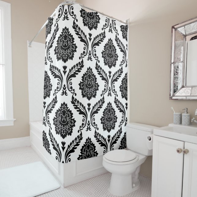 Rideaux De Douche Rococo Damask Big Pattern Black on White (En situation)