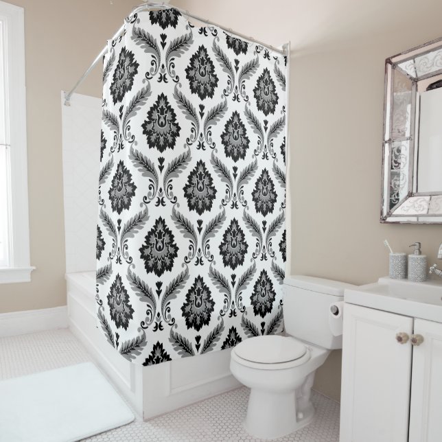 Rideaux De Douche Rococo Damask Pattern Grey Black White (En situation)