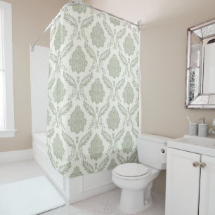 Rideaux De Douche Rococo Damassé Grand Motif Vert sur Crème
