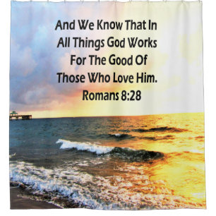 RIDEAUX DE DOUCHE ROMAINS DE SÉRENE 8:28 SCRIPTURE VERSE