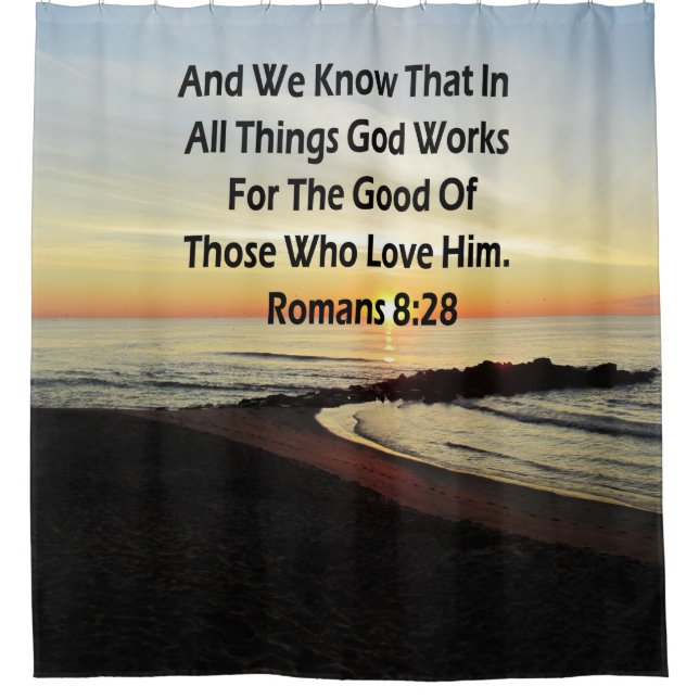 RIDEAUX DE DOUCHE ROMAINS DU SOLEIL 8:28 SCRIPTURE VERSE (Devant)