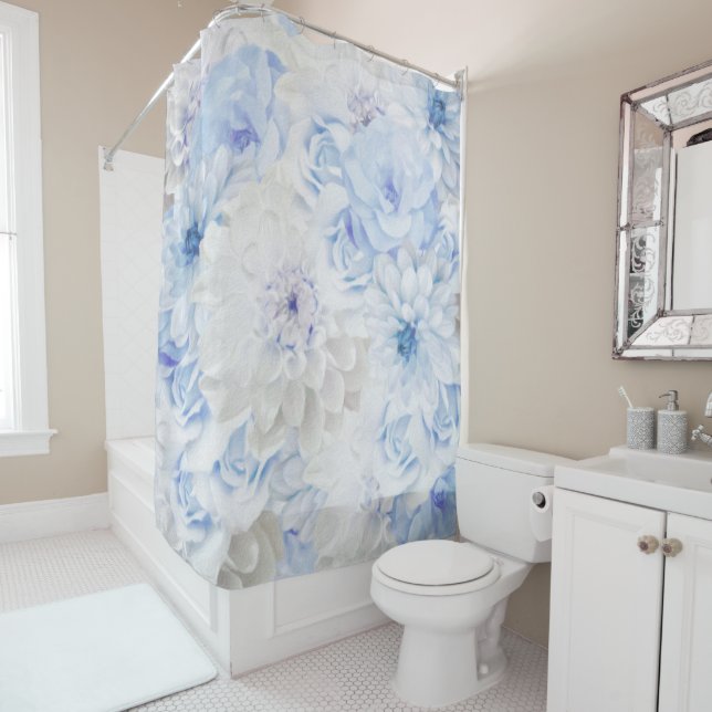 Rideaux De Douche Romantique Elégant Bleu Floral Peint (En situation)