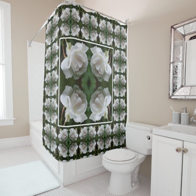 Rideaux De Douche Rose blanche avec gouttes de pluie Abstraite (En situation)