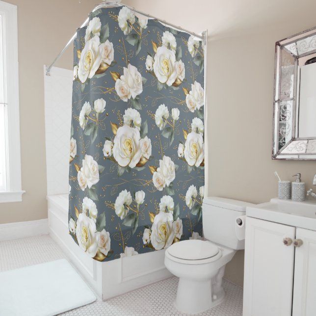 Rideaux De Douche Rose blanche or romantique Floral (En situation)