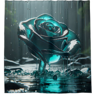 Rideaux De Douche "Rose cristal Turquoise avec gouttes de pluie tomb
