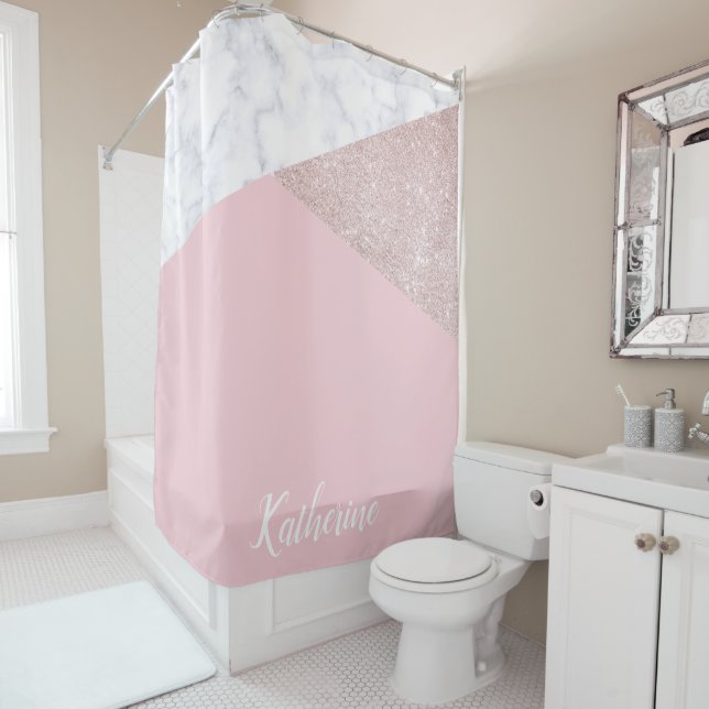 Rideaux De Douche Rose de marbre blanc de parties scintillantes (En situation)