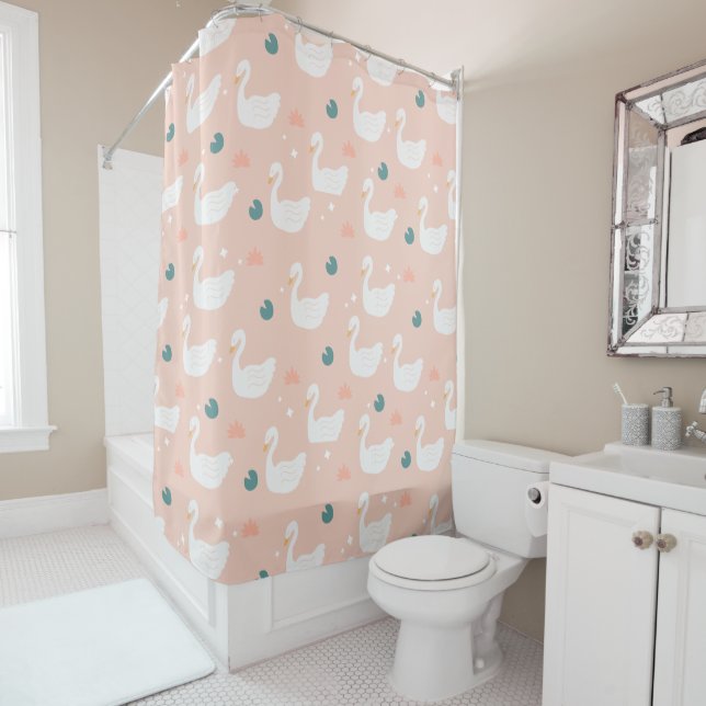 Rideaux De Douche Rose en pastel de motif doux de cygne (En situation)