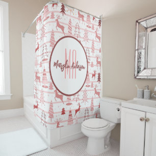 RIDEAUX DE DOUCHE ROSE ET ARBRES DE NOËL MONOGRAMME PERSONNALISÉ