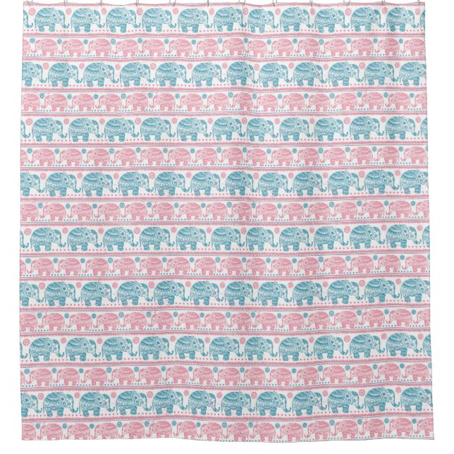 Rideaux De Douche Rose et motif ethnique turquoise d'éléphant (Devant)