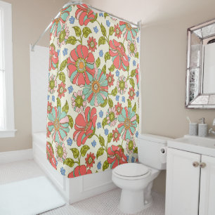 Rideaux De Douche Rose et Turquoise 70's Floral Retro