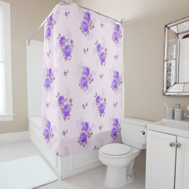 Rideaux De Douche Rose floral moderne violet (En situation)